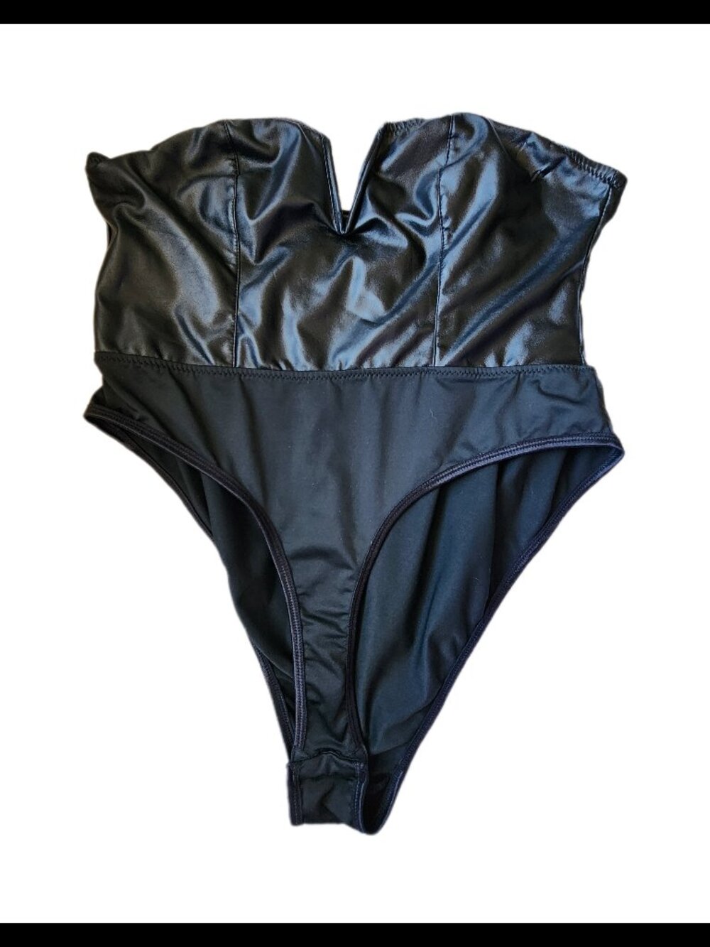 Black Faux Leather Strapless Bodysuit - Sweetheart Neck One-Piece